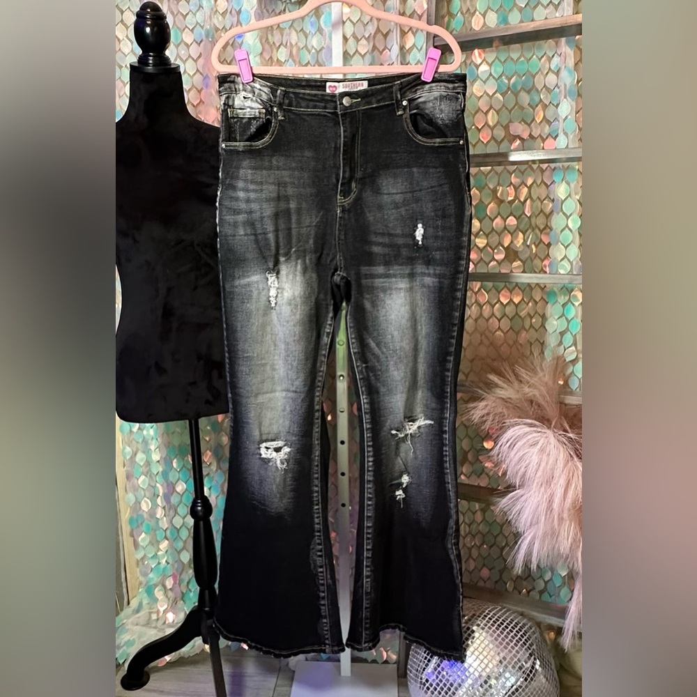 Black Southern Fried Chics Flare Super Stretch Sz 18 Vintage Hot Girl Jeans